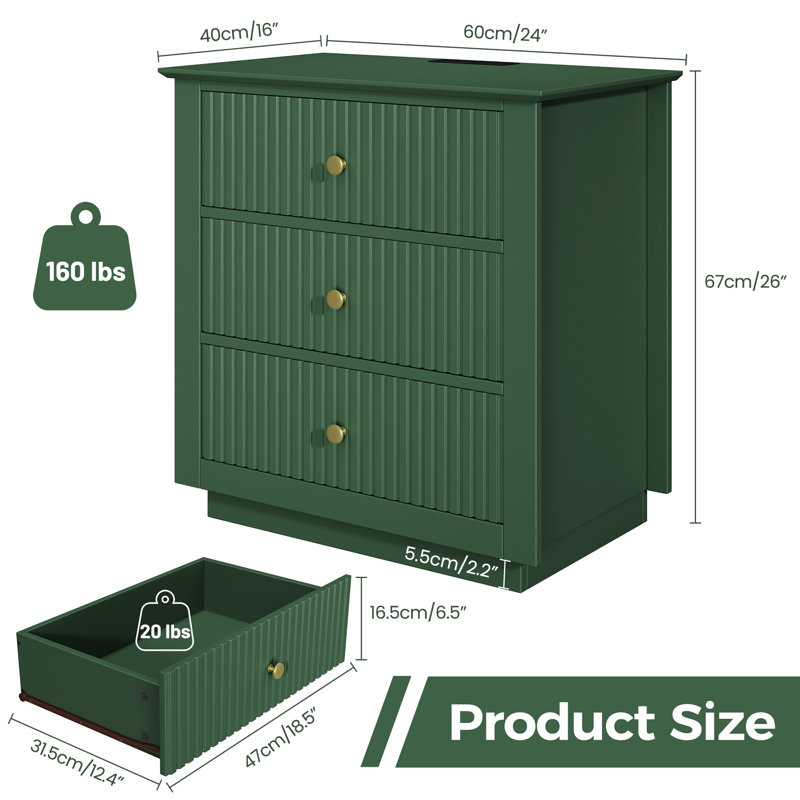24" W x 26" H Modern Wood Fluted Front 3-Drawer Nightstand with Built-in Outlets (Set of 2), Set of 2, Green