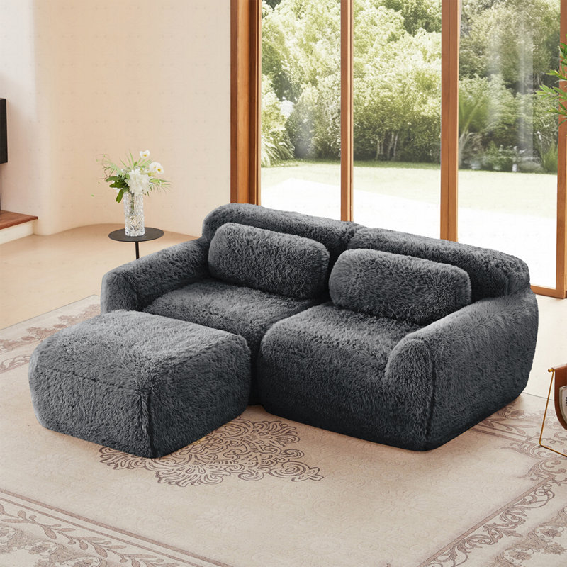Canapé 2 places en tissu moelleux moelleux avec 1 repose-pieds, Gris foncé