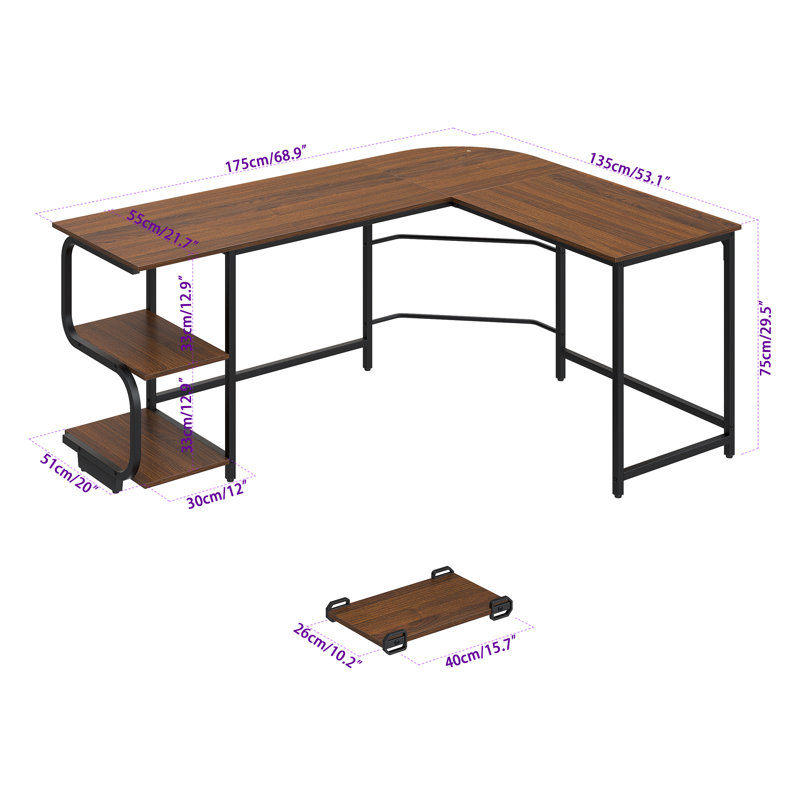 L-Shaped Metal Base Computer Desk, Dark Teak/Black, 29.3" H x 68.9" W x 53.1" D
