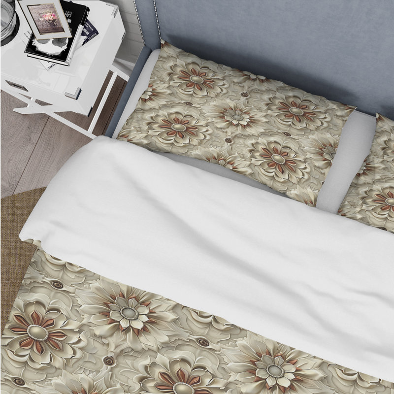 Ensemble de housse de couette Beige White Floral Mosaic II - Traditional, Housse de couette très grand et 2 très grandes t