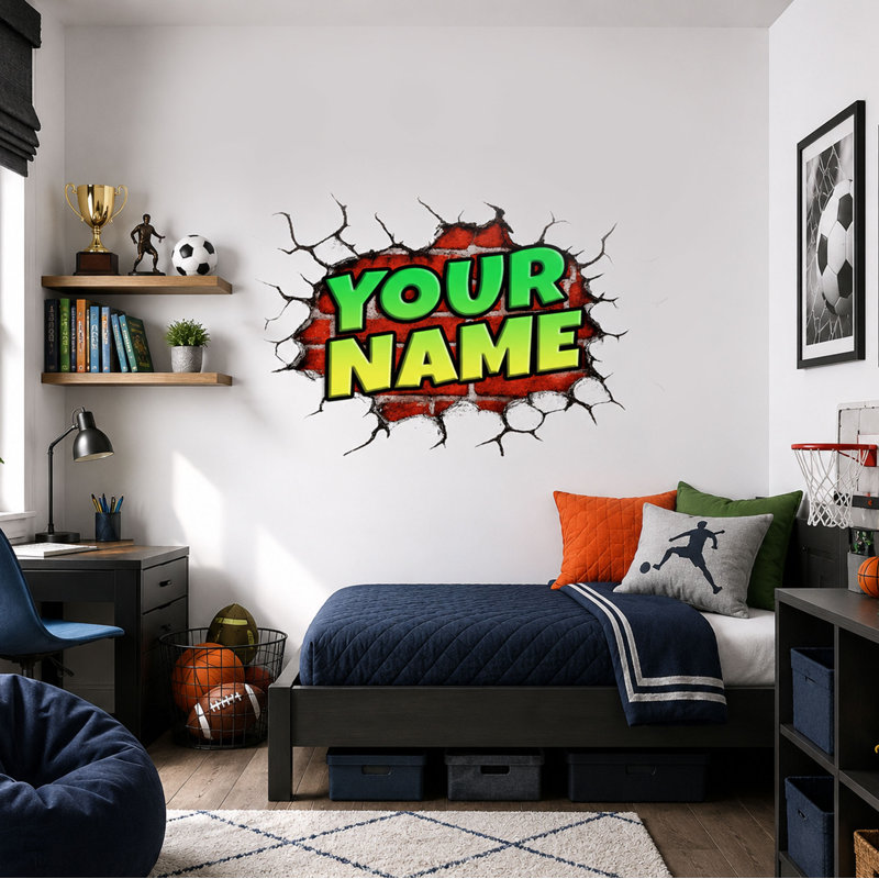 Adhésif décoratif personnalisé nom Graffiti - autocollant en vinyle Street Art personnalisé, conception de percée murale en brique 3D pour chambre d'enfant, chambre de bébé, salle de jeux, salle de jeux, décoration de porte