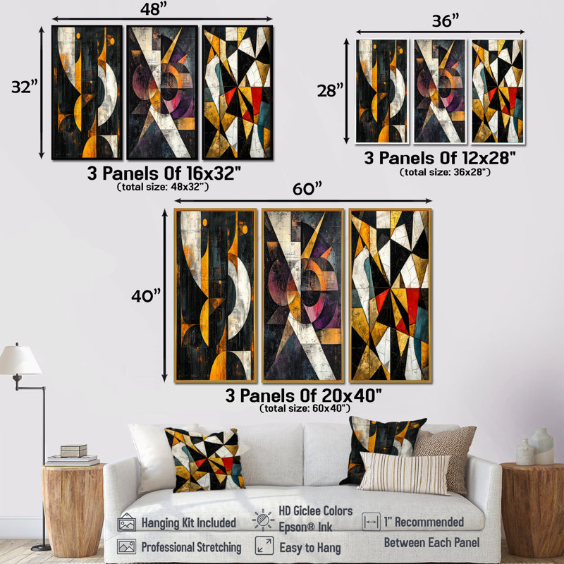 Fragment Abstract Shapes I - Modern Large Wall Art 3 Panels Collection, H 40 po x l 60 po, Impression encadrée flottante