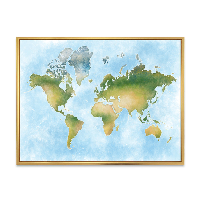 Carte du monde en vert et bleu - Cadre photo, impression sur toile, H 16 po x l 32 po x P 1,5 po, Cadre flottant doré