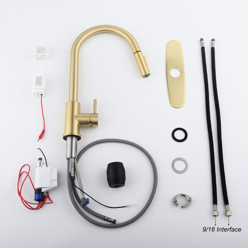 Robinet de cuisine tactile avec levier extractible et levier unique pour le réglage du débit de la température de l'eau, buse à grande arche rotative à 360 °, revêtement en acier inoxydable brossé or rouillé, aérateurs pour lisser,