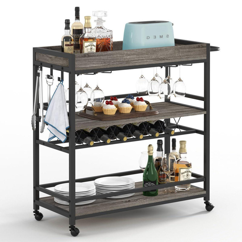 Gray Oak 3-Tier Bar Cart with Wine Rack and Glass Holder