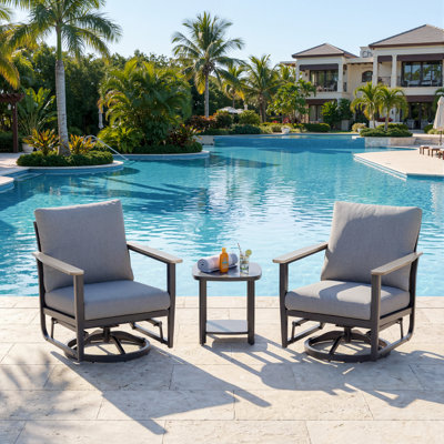 3-Piece Outdoor Aluminum Swivel Rocker Chair Conversation Set With Cushions And Side Table