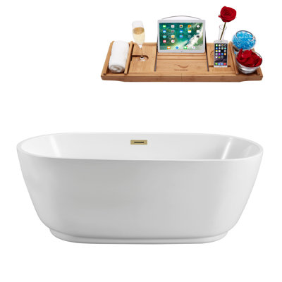 Streamline Freestanding Soaking Acrylic Bathtub With Drain and Bamboo Tray