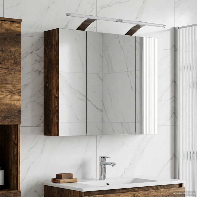 Mirrored Bathroom Cabinets with Mirror and 2, 50cmH x 60cmW x 14.5cmD, Smoked Oak