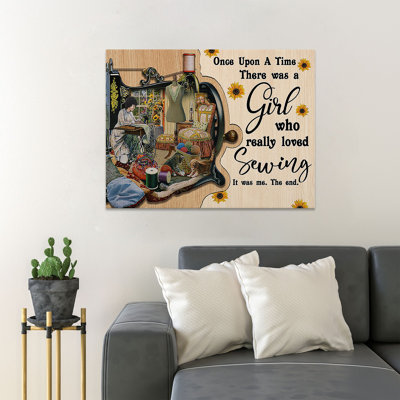 Une fille qui travaille fort dans sa chambre - Il était une fois une fille qui aimait vraiment la couture - 1 pièce, reproduction d'art graphique sur toile tendue