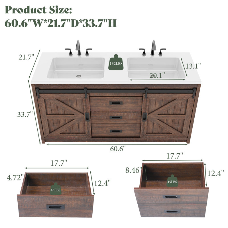 Chimira 2-Drawer 2-Door Manufactured Wood Double Sink Bathroom Vanity, Brown, 33.7" H x 60" W x 21.7" D