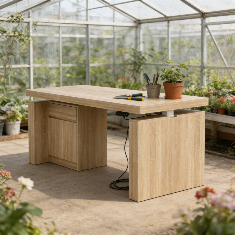 71" Wide Electric Height Adjustable Workbench With Storage Drawer & Cabinet, Medium Wood
