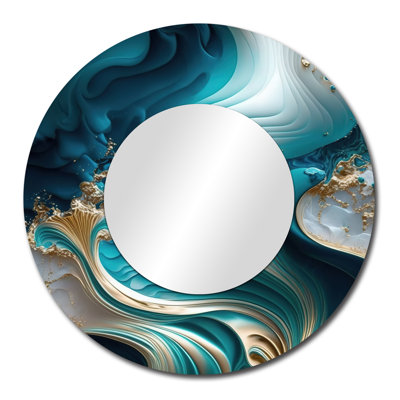 Parushka Abstract Geode Turquoise III - Marble Mirror, Modern Round Unique Wall Mirror, Printed Metal Art