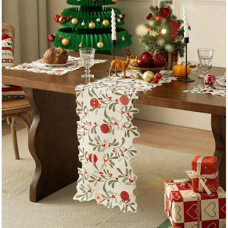 Multicolored Holiday Berries And Leaves Christmas Table Runner, 80"L x 14"W