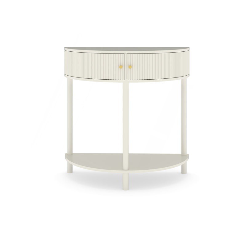 Artisan-Crafted Wave-Pattern Demi-Lune Console Table With Creamy White Finish,Unique Half Moon Design End Table With 2 Storage Drawers And Bottom Shelf For Living Room, Bedroom, Study, Hallway