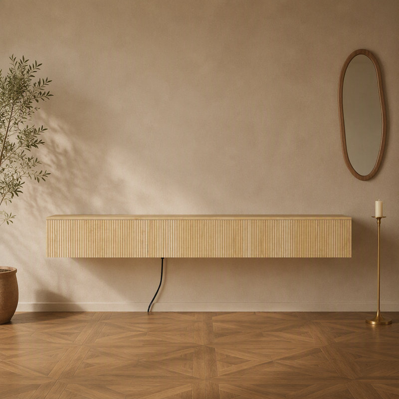 Support télé flottant, support TV mural avec 16 DEL de couleur pour téléviseur de 65 pouces, Bois - NEUF