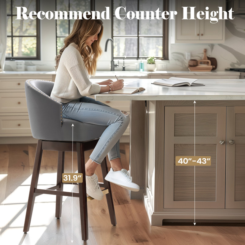 Tabouret de bar pivotant en similicuir 31,9 po avec pieds en bois massif, bleu gris, Bleu gris