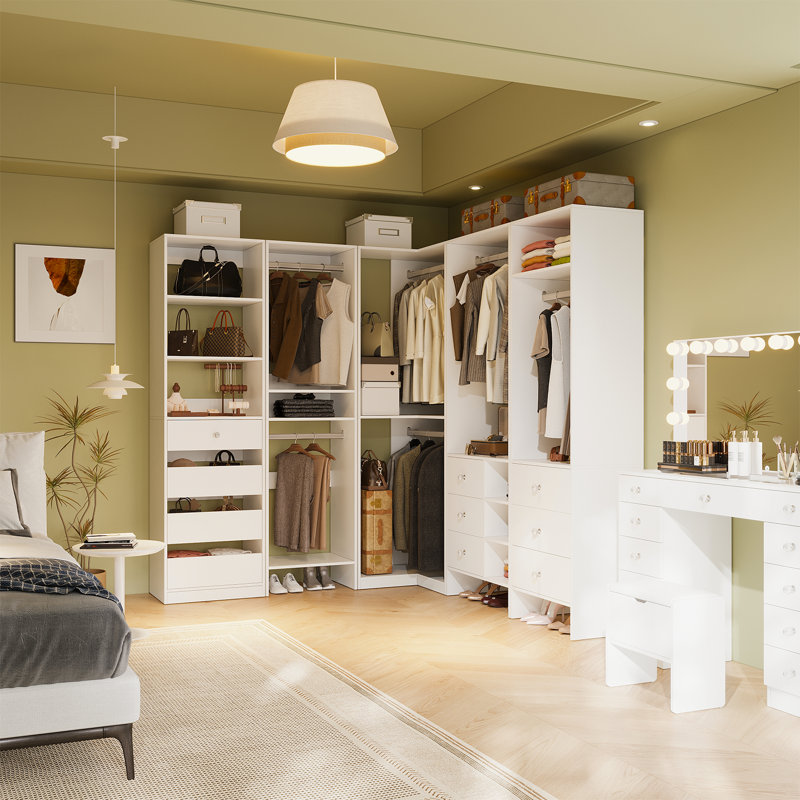 Système d'organisation modulaire pour garde-robe, organisateur de garde-robe autoportant blanc avec tringles, tiroirs et tablettes ouvertes