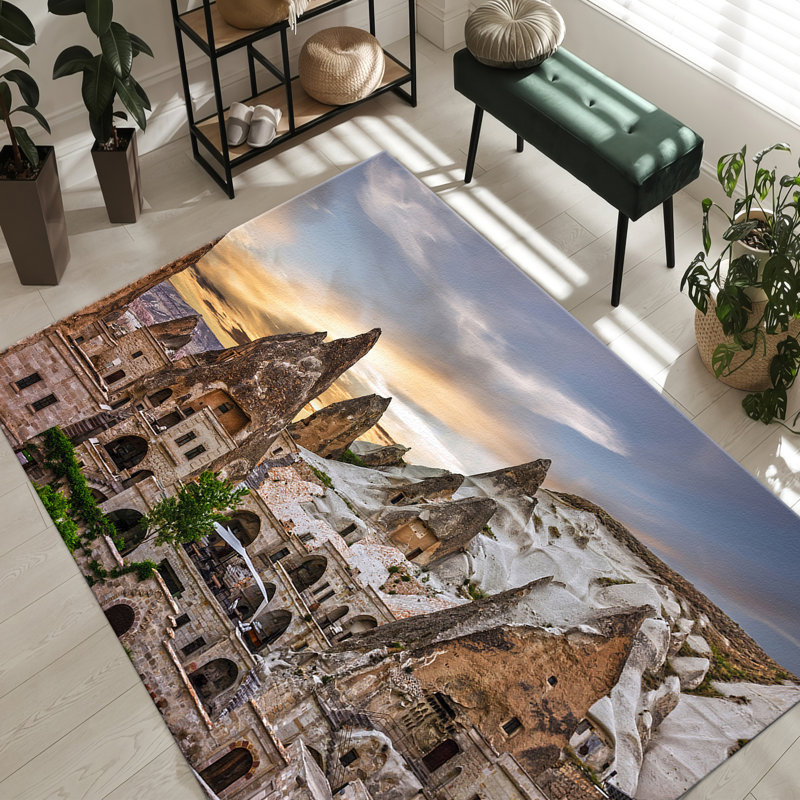 Tranquil Forest Scene Non-Woven Thin Type Printed Rug with Verdant Greenery and Soft Blue Sky Design, Rectangle 3'3" x 4'11"