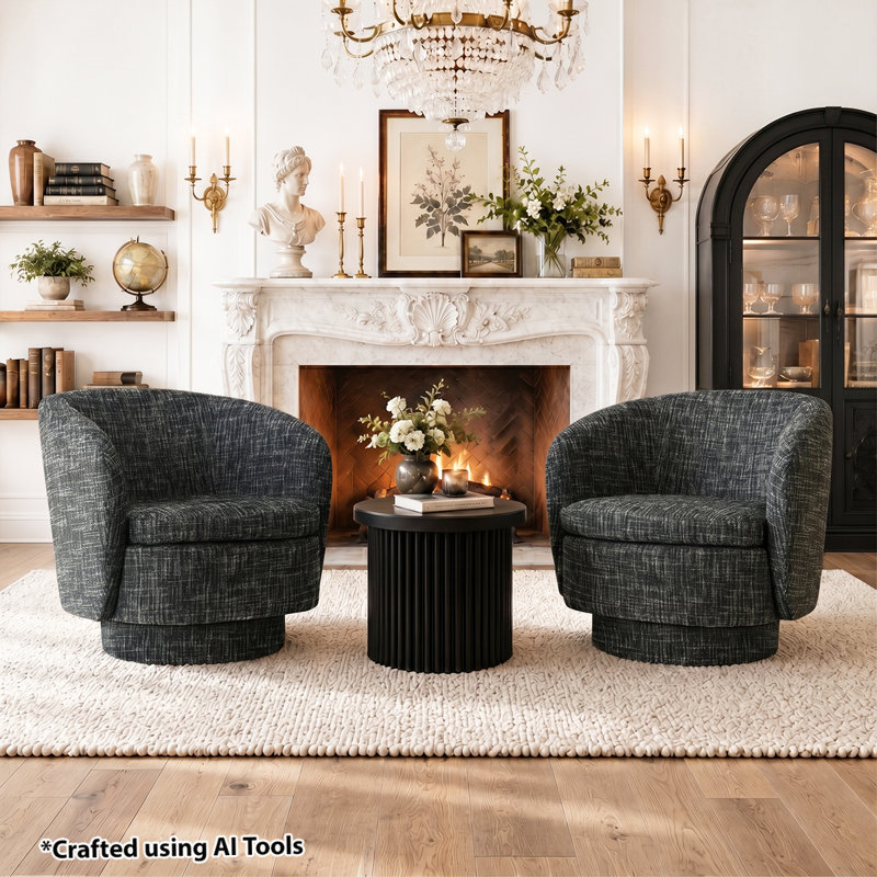 Modern Chenille Swivel Barrel Accent Chairs (Set Of 2), Black