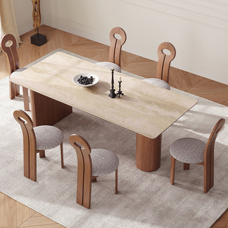 6 - Person Beige+Nut-brown Rectangular Solid Wood Sintered Stone Tabletop Dining Table Set