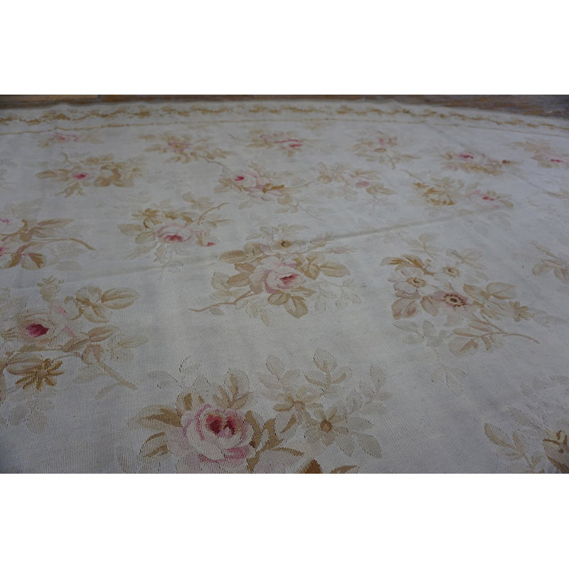 Light Cream Color Faded Floral Motif Antique Oval Room Size French Aubusson Rug