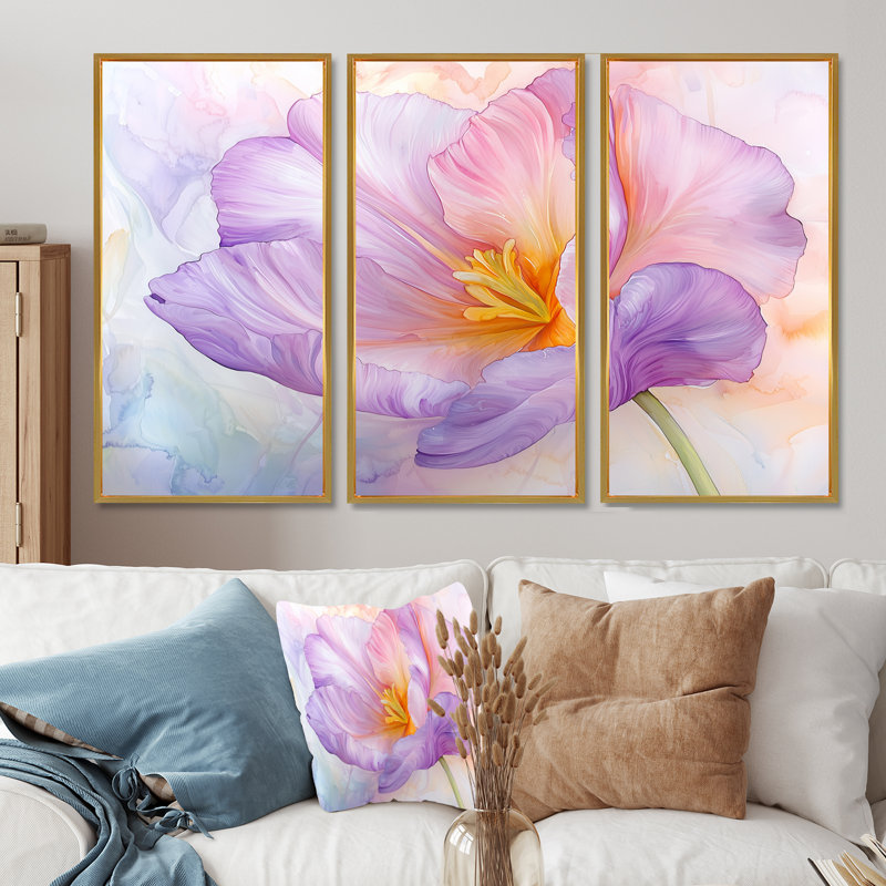 Fleur d'été de tulipe mauve I - ensemble d'art mural tulipe, H 32 po x l 48 po, Reproduction avec cadre flottant, Doré