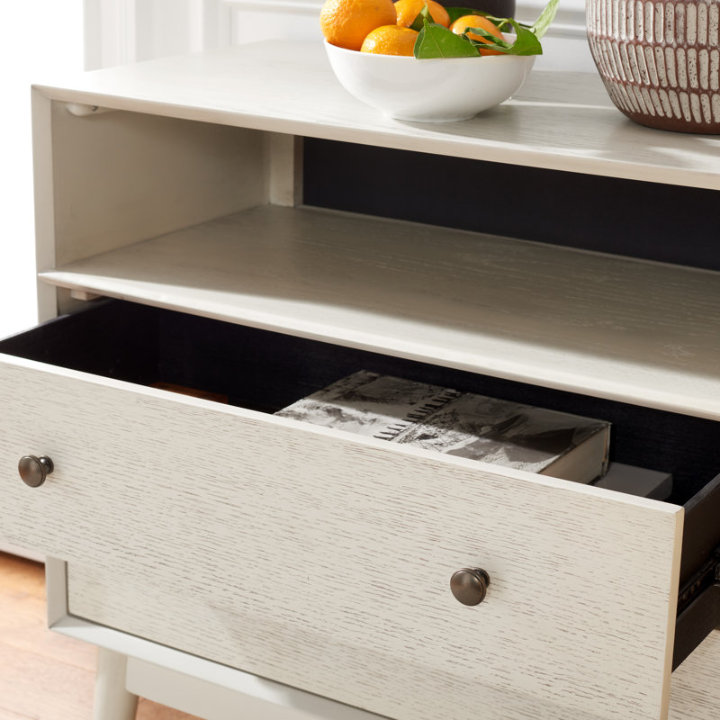 Commode décorative 2 tiroirs en bois massif, Blanc délavé