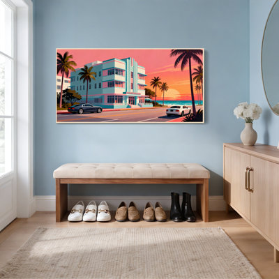 Ensemble de 1 tableau sur toile tendue représentant un édifice Art déco de Miami et des palmiers au coucher du soleil
