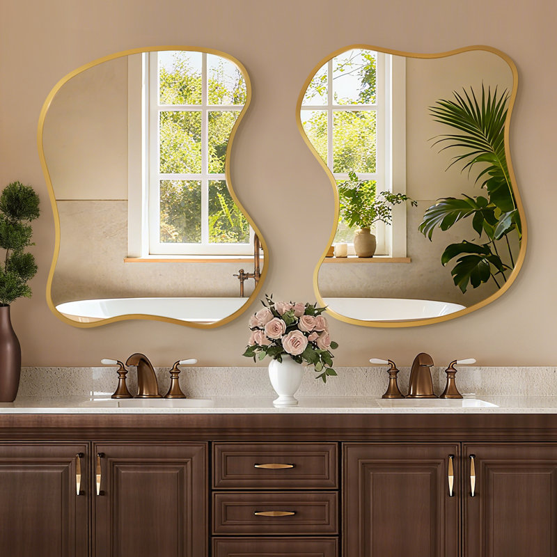 Asymmetrical Metal Framed Wall Mirror, Gold, 24" x 19.6"