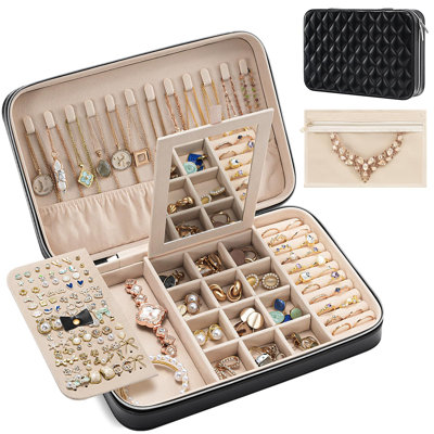 Étui à bijoux de voyage pour femme fille, grand organisateur de boîte à bijoux avec miroir et sac de rangement transparent
