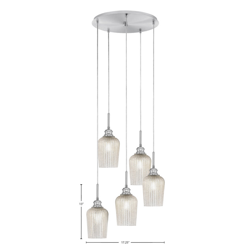 Luminaire suspendu grappe 5 lumières avec verre 5 "Edge, Nickel brossé, Argent texturé