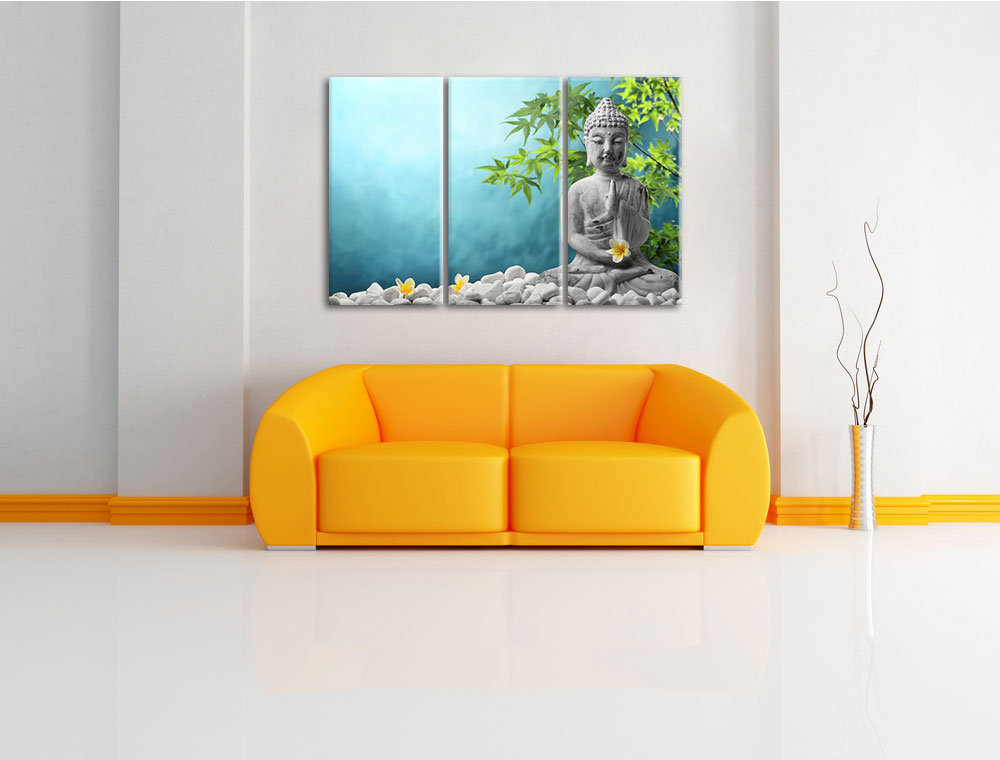 3-tlg. Leinwandbilder-Set „Buddha auf Steinen mit Monoi Blüte in der Hand“, Fotodruck