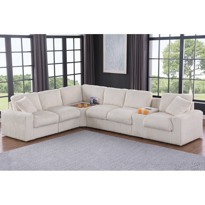 Canapé modulaire en coin Detron avec console porte-gobelet et table d'angle avec port USB, Polyester beige