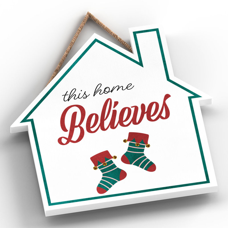 Xmas This Home Believes Wooden House Plaque, 9.9cm H x 9.9cm W x 0.5cm D