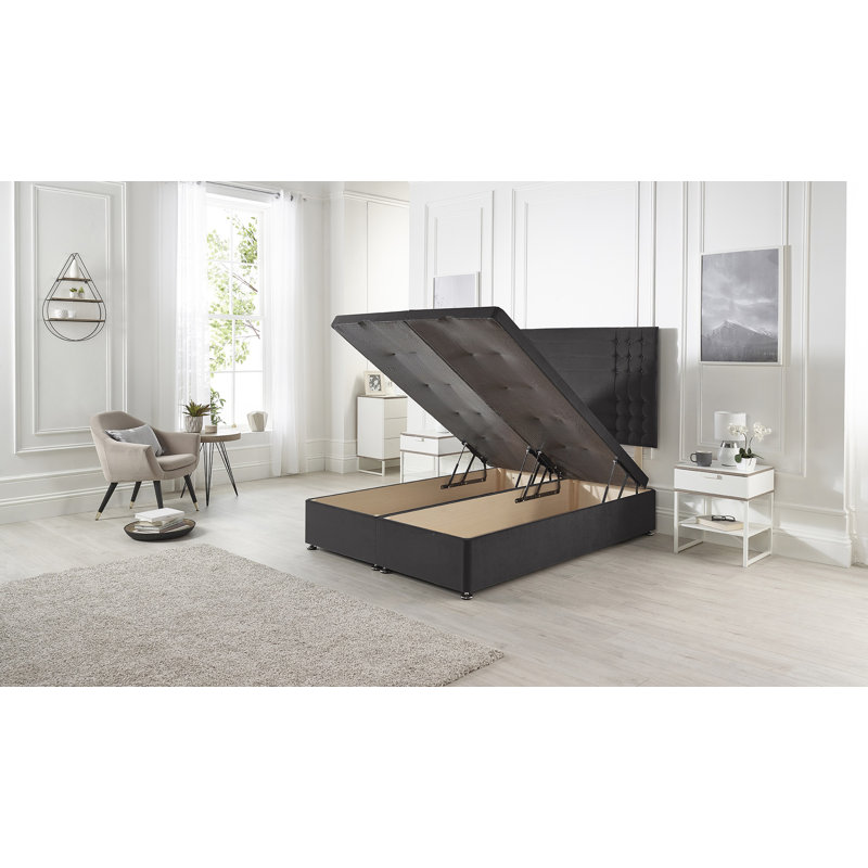Luxara Solid Wood Ottoman Bed End Opening with Upholstered Headboard Tweed Fabric, Kingsize (5'), Black Plush Velvet