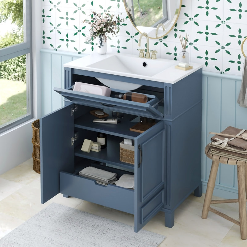 Meuble-lavabo de 30 po avec lavabo en céramique, armoire de rangement en bois massif avec portes à fermeture douce, style rétro, bleu