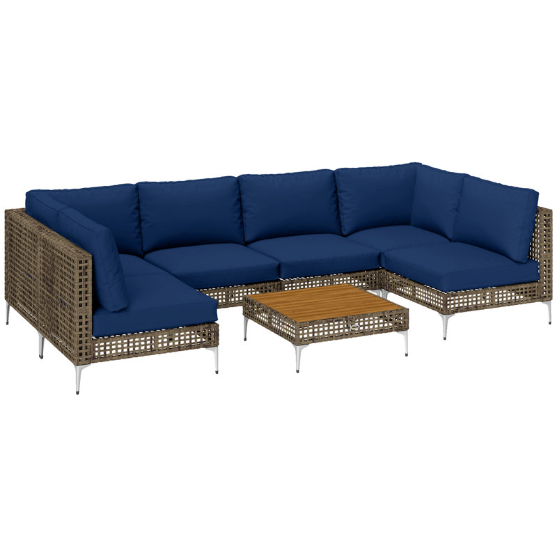 7 Piece Wicker Patio Furniture Set, Modular Outdoor Sectional with Thickened Cushions, Rattan Outdoor Furniture Conversation Set with Slatted Acacia Wood Table for Backyard, Khaki/