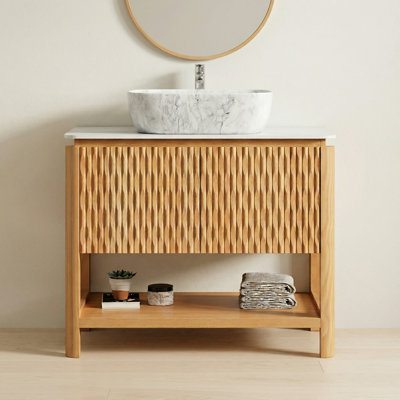 36" Bathroom Vanity with Sintered Stone Top & Vessel Sink, Modern Fluted Door Cabinet with Open Shelf Storage, Freestanding Plywood Vanity