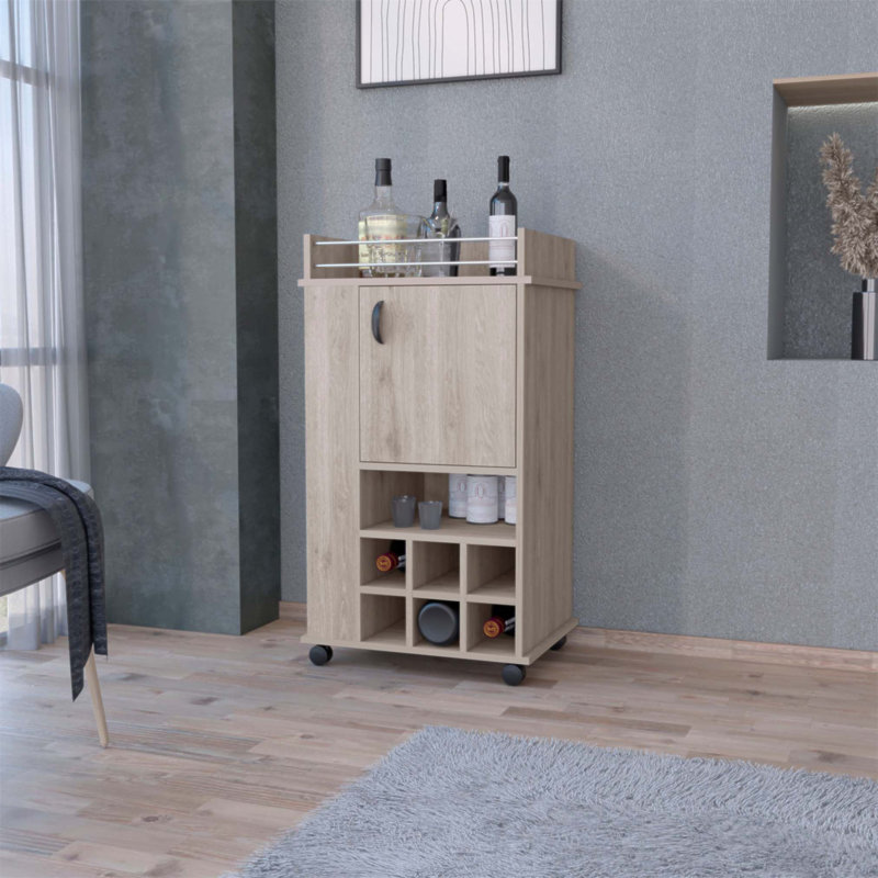 Chariot-bar 1 porte avec porte-bouteilles et roulettes Allandale, parfait pour les réceptions et un rangement efficace., Gris