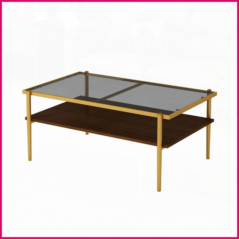 Gray Tempered Glass Living Room Coffee Table with Golden Legs – Easy-Clean &amp; Stable Design, Gold/Brown