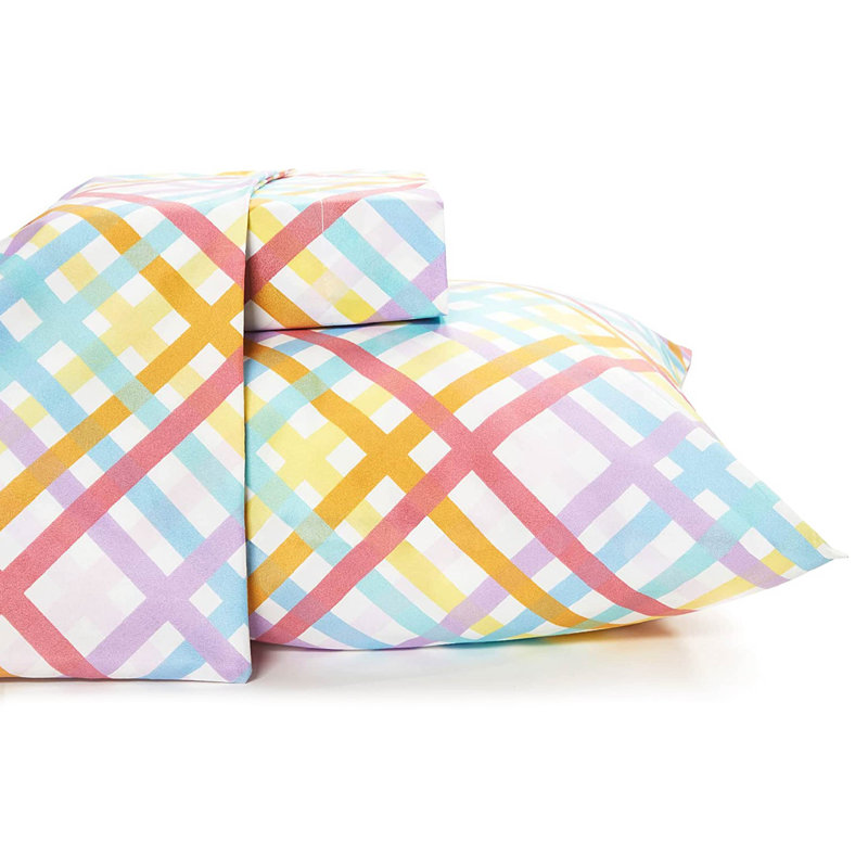Twin White Rainbow Gingham Microfiber Bed Sheet Set