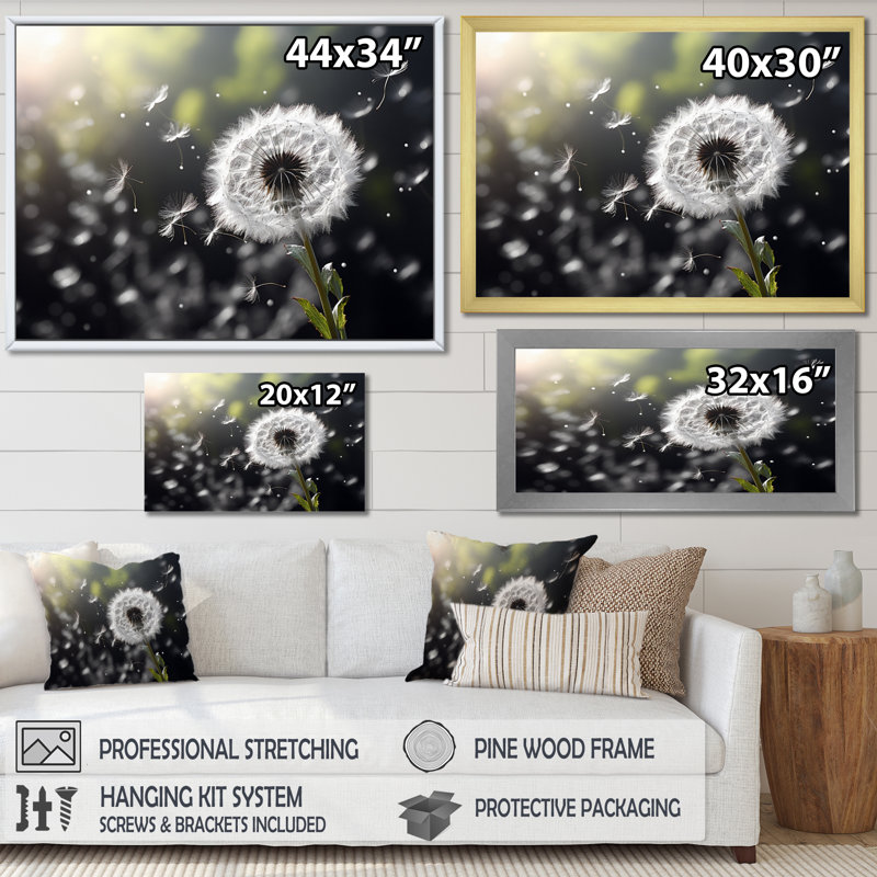 White White Dandelion Whispers III, reproduction d'art sur toile, Argent argent, H 34 po x l 44 po x P 1,5 po
