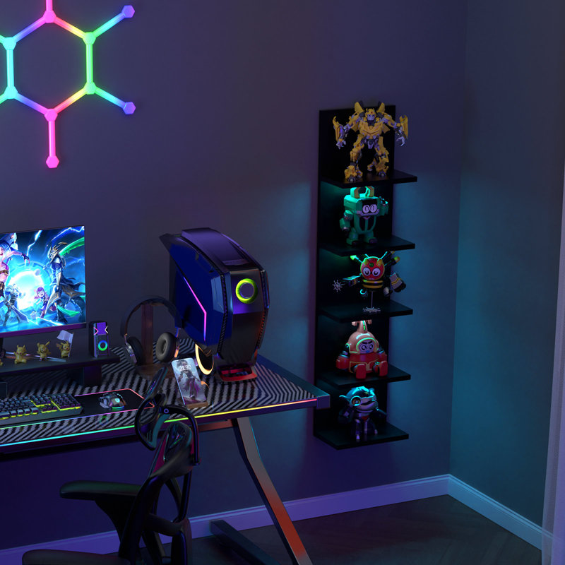 5-Tier Floating Wall Shelf with Bulit-in RGB Lights, Black