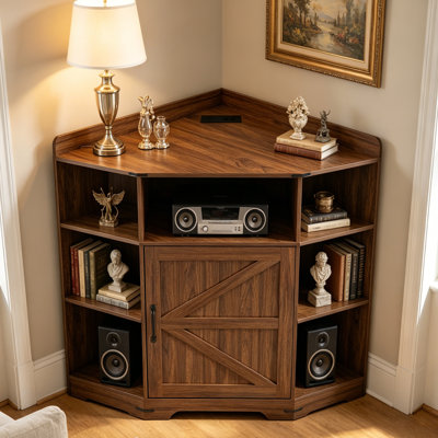 Meuble de rangement d'angle en MDF, 86 cm (L) x 60 cm (P) x 86 cm (H), avec ports USB et prises électriques, 1 pièce, marron. Étagère à 6 compartiments pour salon, bureau ou salle de jeux.
