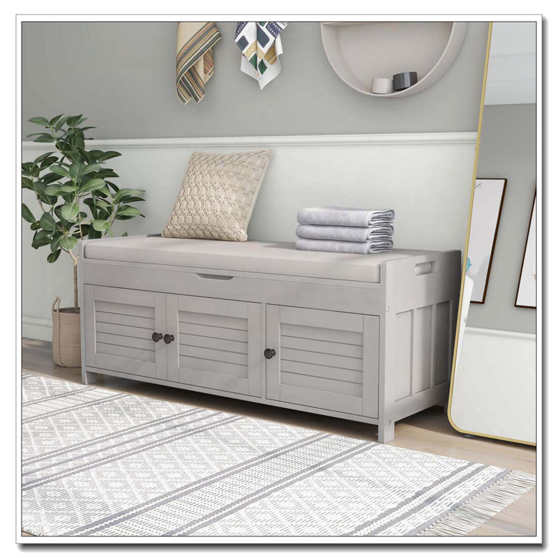 Banc de rangement avec 3 portes en forme de volet, coussin amovible, Blanc