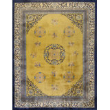 Antique Yellow / Gold Orange Rectangle Wool 1920s Hand Knotted Pile Rug