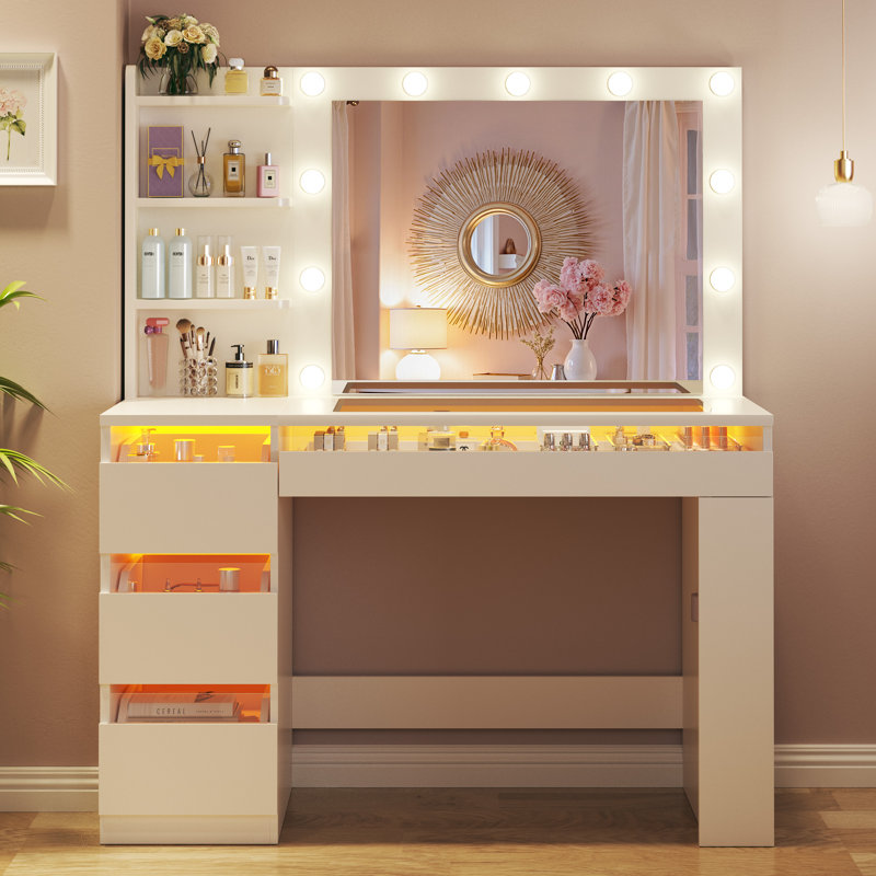 Bureau de coiffeuse avec miroir éclairé et plateau en verre, White