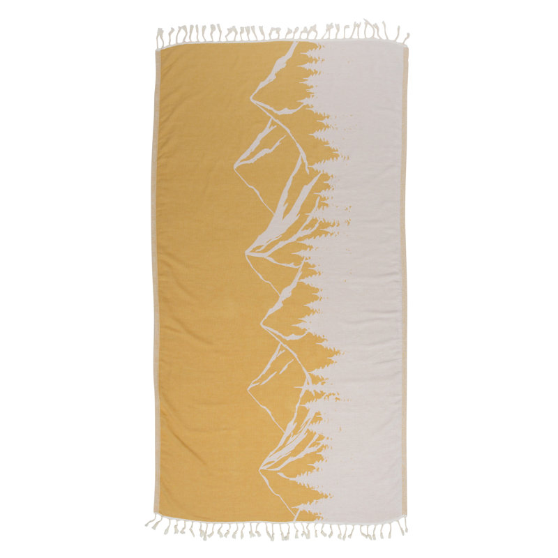  Soft Organic Cotton Mountain Print Turkish Towel, Sand Resistant Beach Peshtemal, Thin & Absorbent, 66” x 36”, Yellow