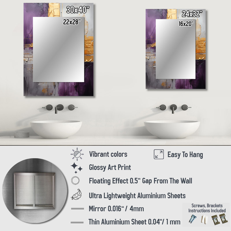 Gold Purple Abstract Fractal III - Fractals Large Mirror, Gold Decorative Wall Mirror, Printed Metal Art, 32" x 24"