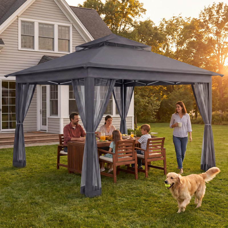 12 Ft. X 12 Ft. Pop Up Gazebo Canopy Tent with Mosquito Netting, One-Push Instant Setup, Height Adjustable Outdoor Canopy